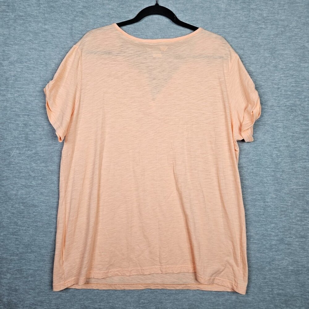 Natural Reflections Women’s Peach Pink Embroidered V-neck Tee Size XL - Picture 2 of 6